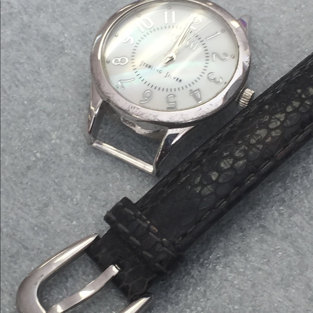 Ecclissi Sterling Silver Black Leather Band Watch - Picture 4 of 4